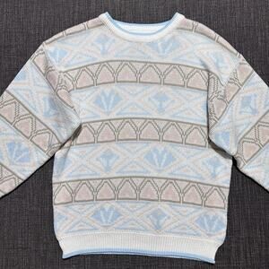 Vintage 80s AJ Brandon Knit Sweater Size S White Blue Pink Easter pastel